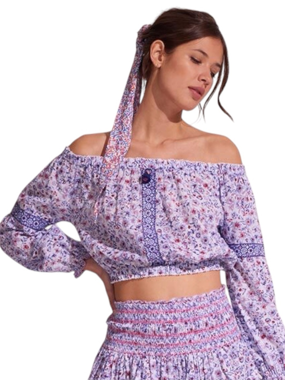 Poupette St. Barth Nana Cotton Lavender Floral Off-Shoulder Crop Top NWT $160